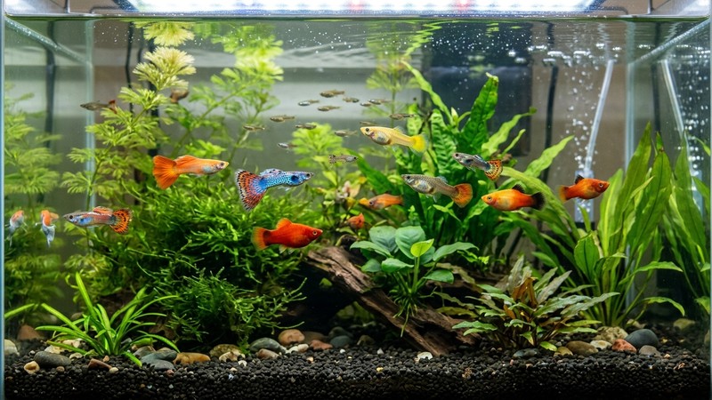 guppys y platys de colores vivos nadando entre plantas suaves en un acuario limpio