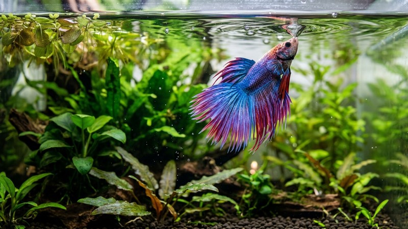 un betta de aletas extendidas subiendo a la superficie del agua en un acuario plantado
