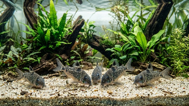 un grupo de corydoras rebuscando en el sustrato arenoso del fondo de un acuario plantado