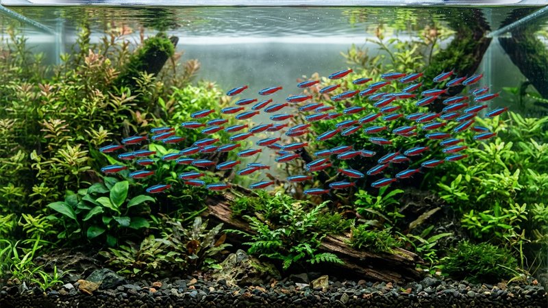 un banco de neones azules y rojos cruzando en cardumen un acuario plantado de agua clara