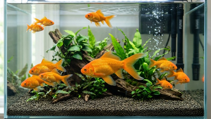 un goldfish naranja sano y vigoroso nadando en un acuario espacioso con buen filtro y agua cristalina