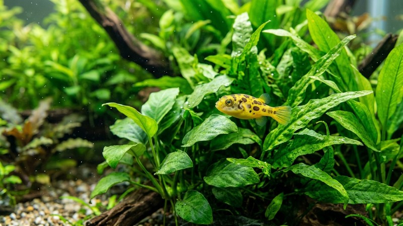 un pequeño pez globo enano amarillo entre hojas verdes de plantas acuáticas dentro de una pecera de agua dulce limpia y bien iluminada, colores vivos y realistas
