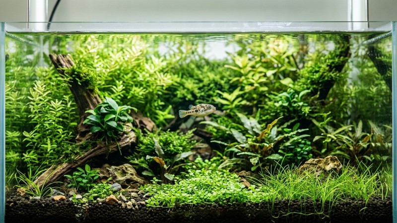 un acuario plantado de agua dulce de agua totalmente cristalina, con un minúsculo pez globo enano nadando en el centro rodeado de vegetación verde exuberante
