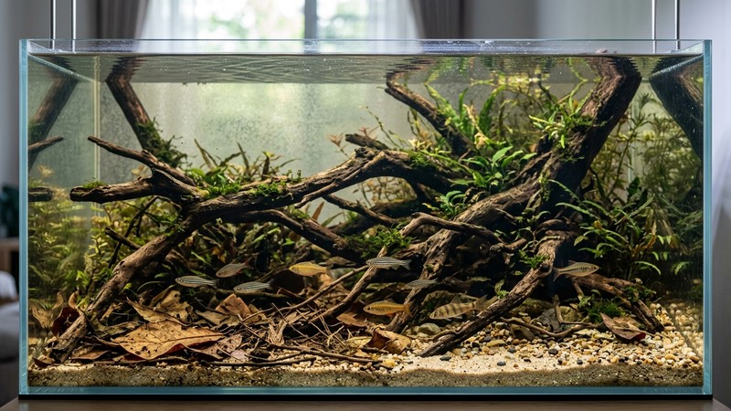 un biotopo de río indio recreado en acuario, con troncos sumergidos, raíces, hojas caídas sobre un fondo de grava y arena fina, agua clara y ambiente natural