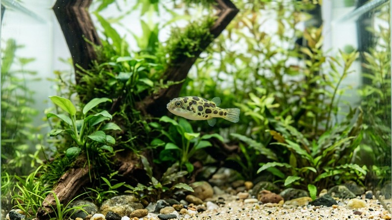 un pez globo enano flotando suspendido a media agua con sus aletitas laterales extendidas, en un acuario plantado limpio de agua transparente