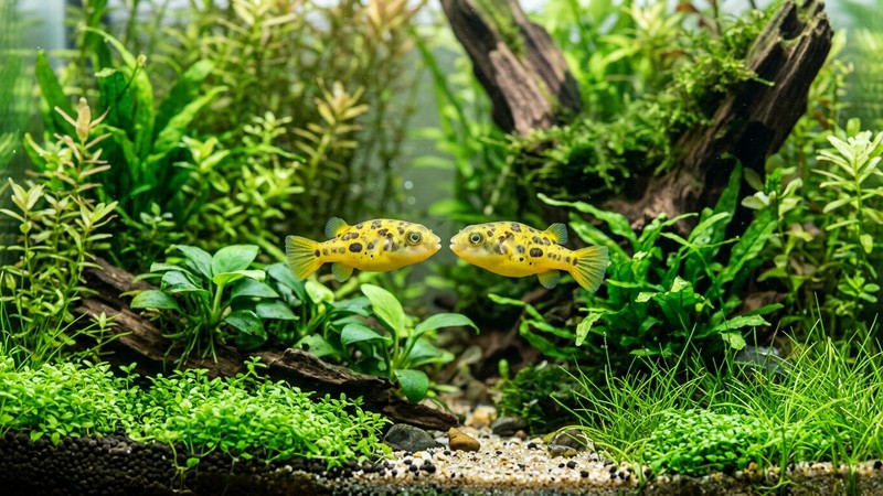 dos pequeños peces globo enanos amarillos frente a frente entre plantas acuáticas en un acuario plantado sano y de agua cristalina, sin heridas, colores vivos