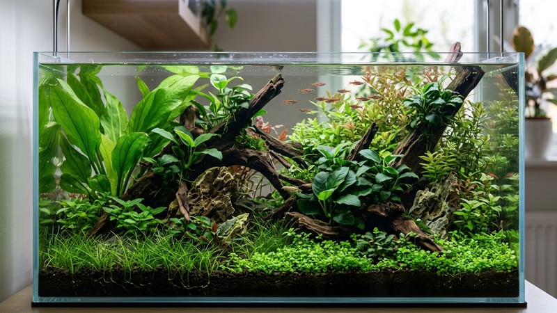 un nano acuario densamente plantado con rocas, troncos, plantas de hoja grande tipo echinodorus y anubias, agua cristalina y aspecto sano y frondoso