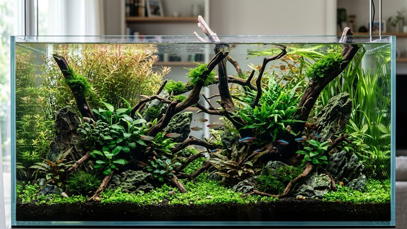 un aquascaping con rocas y madera que crean rincones y escondites entre vegetación densa en un acuario de agua dulce limpio y bien estructurado
