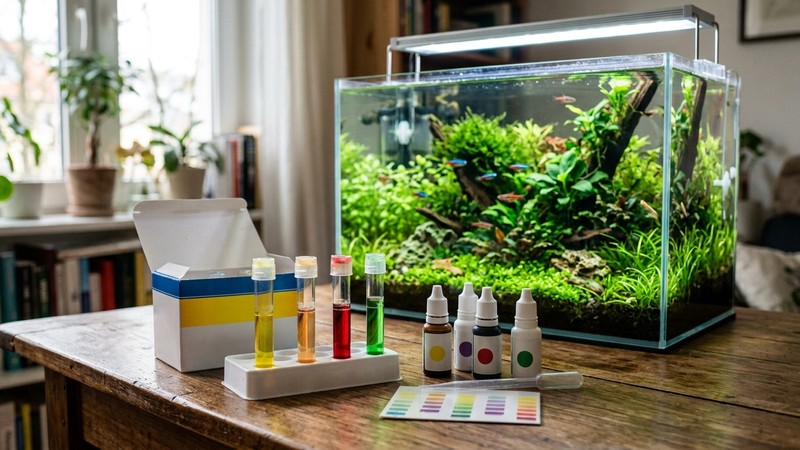 un kit de test de agua con tubos de colores en reposo sobre una mesa junto a un nano acuario plantado de agua totalmente cristalina al fondo