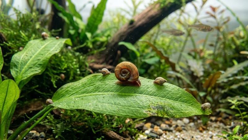 unos pequeños caracoles de acuario posados sobre una hoja verde ancha dentro de una pecera plantada de agua clara, en primer plano y con detalle