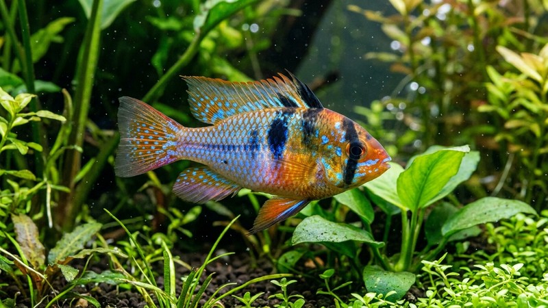 un primer plano de un pez ramirezi mostrando el detalle de sus motas de azul cielo, azul metálico y azul marino sobre su cuerpo, con la línea vertical oscura que cruza su ojo, entre plantas acuáticas verdes