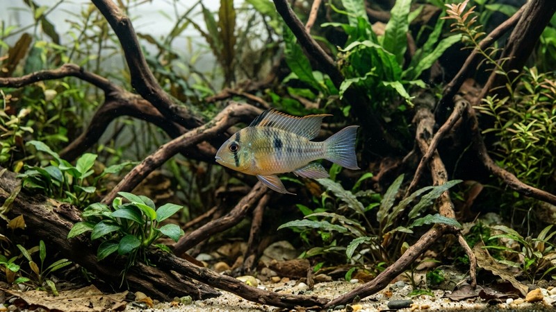 un pez ramirezi boliviano de tonos suaves y apagados, nadando tranquilo junto a raíces y plantas en un acuario natural de agua clara