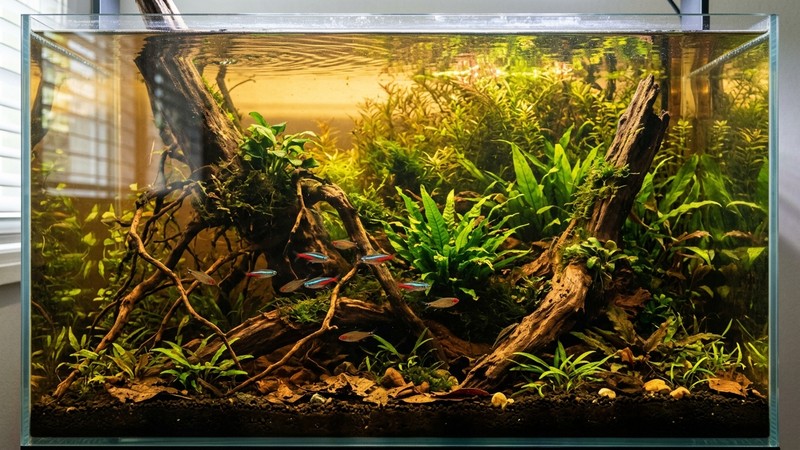 un acuario plantado con raíces y troncos de madera que tiñen el agua de un tono ámbar suave, con vegetación densa al fondo y luz cálida atravesando el agua