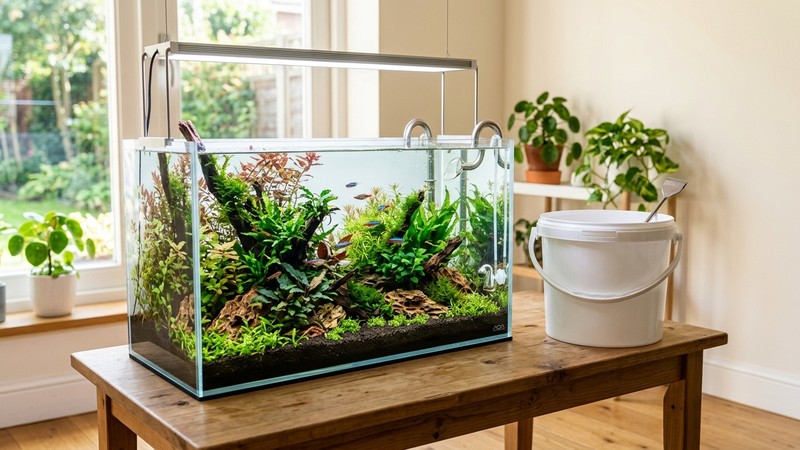un acuario plantado de agua perfectamente cristalina con una cubeta limpia vacía apoyada al lado sobre una mesa, ambiente ordenado y luminoso, sin personas