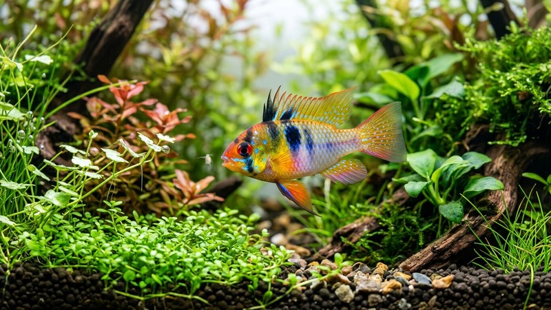 un pez ramirezi vivaz cazando pequeñas presas entre las plantas de un acuario plantado, con el cuerpo encendido de color y el agua muy limpia