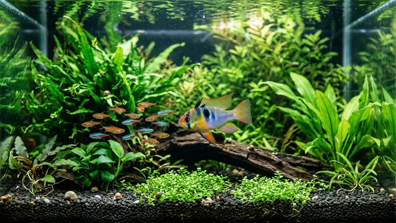 un acuario comunitario tranquilo donde un pez ramirezi colorido nada cerca de un pequeño cardumen de tetras diminutos entre plantas verdes y agua clara