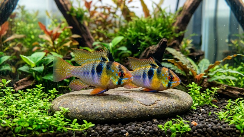 una pareja de peces ramirezi posados sobre una piedra plana y lisa en el fondo de un acuario plantado, muy juntos y atentos, con vegetación alrededor