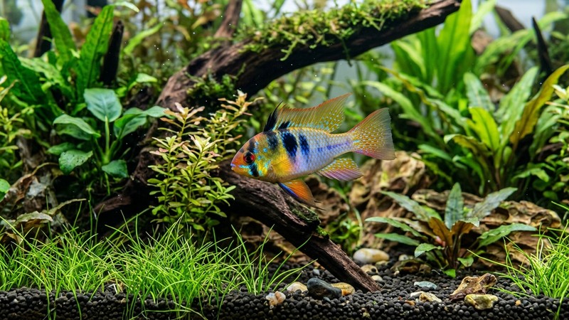 un pez ramirezi vigoroso y bien coloreado, activo y sano, nadando en un acuario limpio y plantado de agua transparente que resalta el brillo de sus escamas