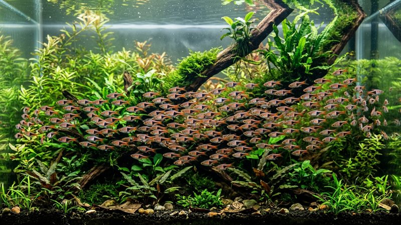 un cardumen numeroso de rasboras arlequín nadando coordinado como una masa de color en la zona media de un acuario plantado