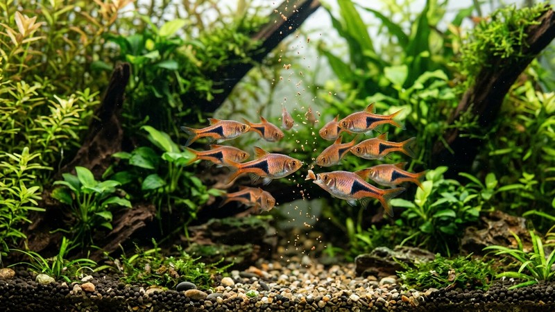 rasboras arlequín comiendo pequeñas partículas de alimento que caen lentamente a media agua en un acuario plantado