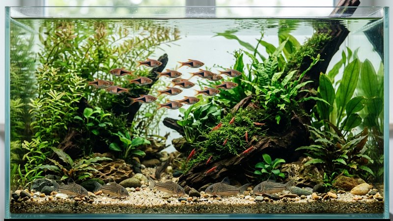 un acuario comunitario tranquilo con un cardumen de rasboras arlequín, corydoras en el fondo y camarones entre plantas verdes