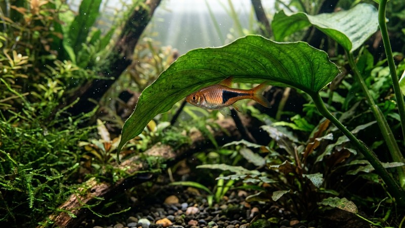 una rasbora arlequín cobriza posada bajo el envés de una hoja ancha verde en un acuario muy plantado