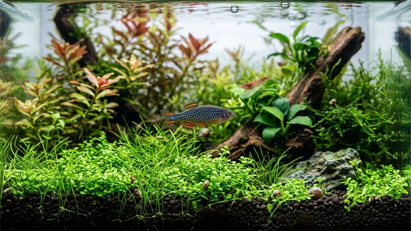 una diminuta rasbora galaxy salpicada de puntos claros como estrellas nadando en un nano acuario plantado de agua cristalina