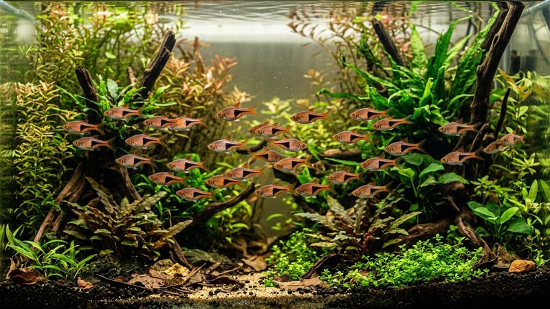 un elegante cardumen de rasboras arlequín cobrizas con su triángulo negro cruzando un acuario asiático muy plantado de aguas suaves