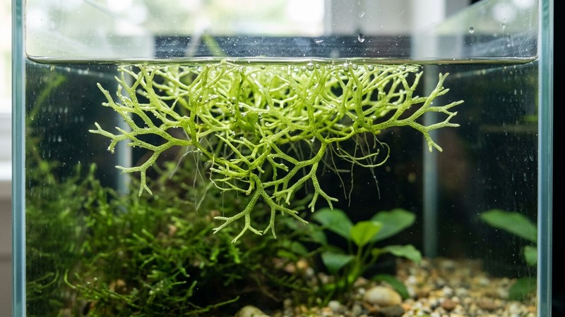 un primer plano del talo ramificado en forma de Y de la Riccia fluitans, de un verde luminoso y esponjoso, dentro de una pecera de agua transparente