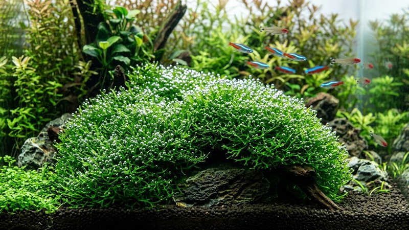 un tapiz de Riccia fluitans verde intenso completamente cubierto de perlas plateadas de oxígeno bajo una luz fuerte, en un acuario plantado de agua cristalina