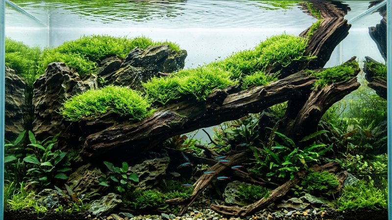 rocas y troncos parcialmente cubiertos de Riccia fluitans verde brillante en las zonas altas de un acuascape con profundidad, en agua muy transparente