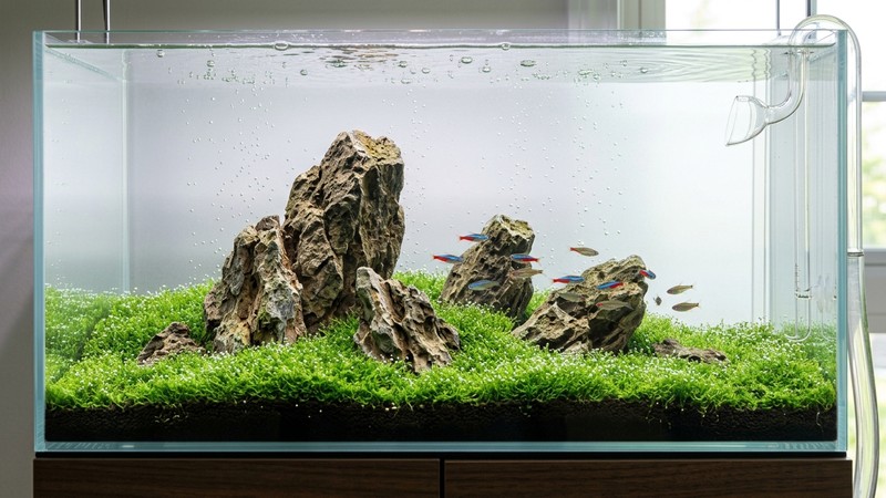 un montaje de acuario estilo Iwagumi con unas pocas rocas sobresaliendo de un único tapiz verde de Riccia fluitans que suelta burbujas, en agua cristalina