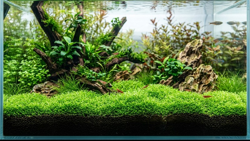 un tapiz de Riccia fluitans verde recién recortado, corto y compacto, pegado al sustrato de un acuario limpio y bien plantado