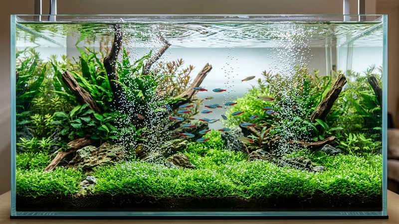 un acuario plantado de alta gama con un tapiz verde de Riccia fluitans cubierto por una cortina de perlas de oxígeno plateadas subiendo hacia la superficie del agua cristalina