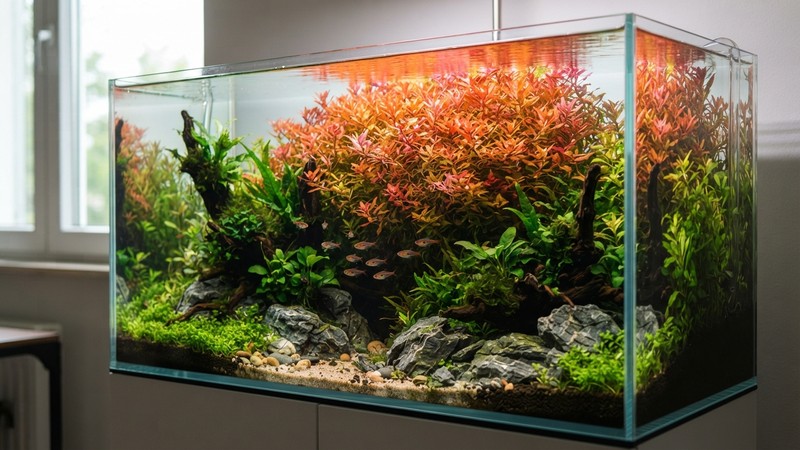 un acuario plantado con un gran arbusto de rotala roja y anaranjada creciendo denso al fondo, contrastando con plantas verdes alrededor, agua cristalina y colores vivos realistas