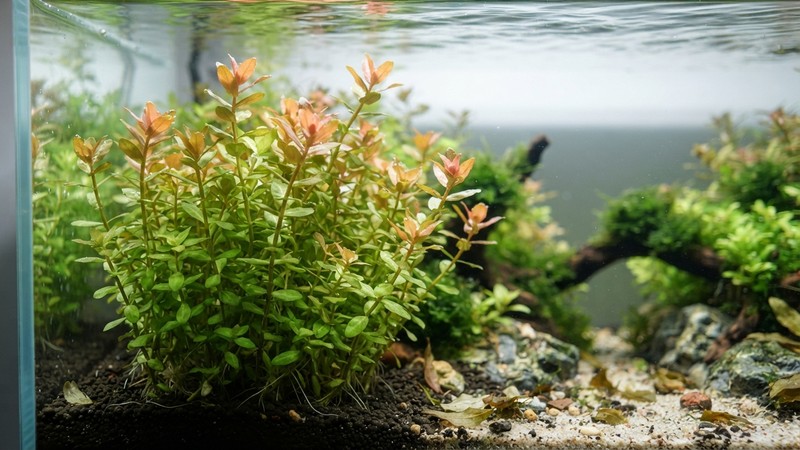 un manojo de tallos de rotala de tono verde con puntas cobrizas en primer plano dentro de un acuario limpio, hojas pequeñas enfrentadas de dos en dos, agua transparente