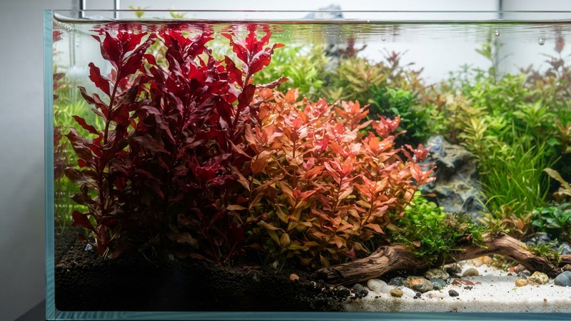 un arbusto de rotala rojo sangre muy intenso junto a otro de tono rojizo algo más cálido, ambos dentro del mismo acuario plantado para apreciar el contraste de tonos
