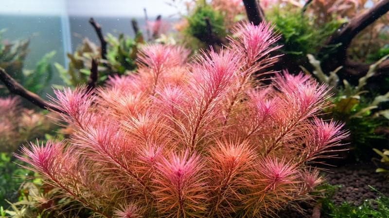 un primer plano de rotala wallichii de hojas finísimas tipo plumero, con tonos rosados y rojizos, aspecto plumoso y delicado dentro de un acuario cristalino