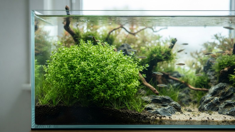 una pequeña rotala de hoja diminuta y porte compacto plantada en el plano medio de un nano acuario, forma tupida y vistosa, agua transparente