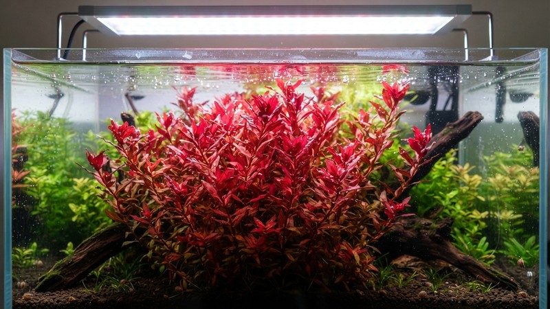 tallos de rotala roja intensa bajo una lámpara potente de acuario plantado, hojas saturadas de color rojo por la luz fuerte, agua cristalina