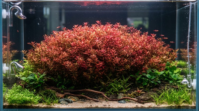 un macizo denso de rotala con muchos tallos juntos formando un arbusto rojo compacto en el plano trasero de un acuario plantado limpio