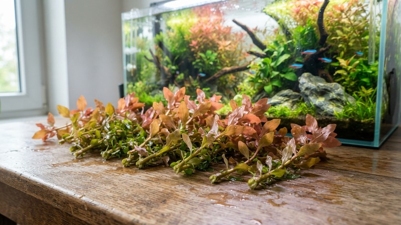 varias puntas cortadas de rotala roja en reposo apoyadas sobre una mesa junto a un acuario plantado, esquejes sanos listos para replantar, sin manos ni herramientas