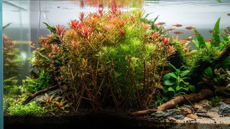 tallos de rotala con la base inferior algo pelada y las puntas superiores frondosas y coloridas, dentro de un acuario plantado, mostrando el contraste entre la parte vieja y la nueva
