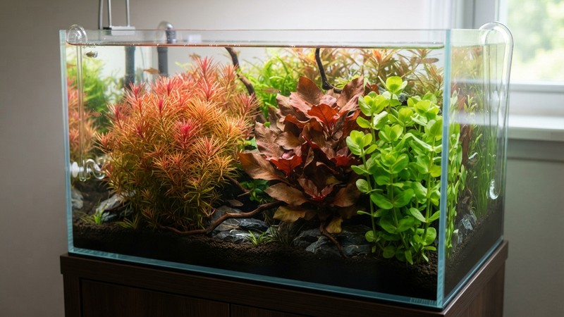 un acuario plantado de estilo aquascaping con rotala roja de textura fina junto a ludwigia de hoja más ancha y bacopa verde, comparando texturas y colores, agua cristalina