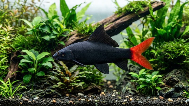 un tiburón cola roja de perfil mostrando con nitidez su alta aleta dorsal triangular con forma parecida a la de un tiburón, cuerpo negro y cola roja, sobre un fondo de acuario plantado y agua limpia