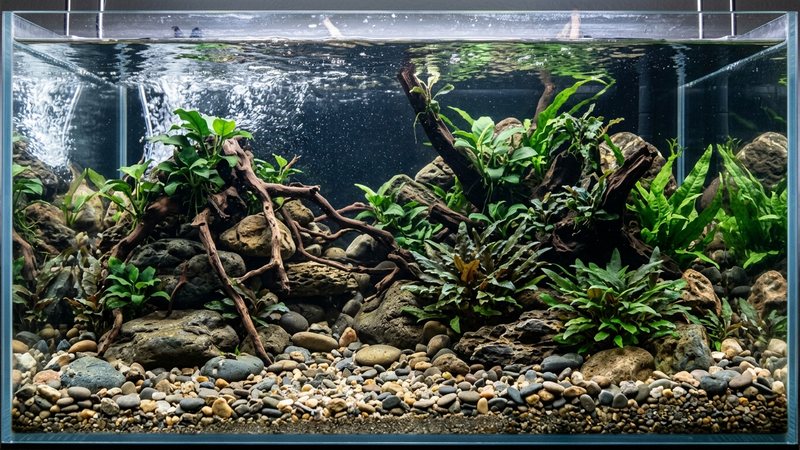 un acuario ambientado como un río tropical de corriente rápida, con rocas lisas, raíces y grava clara, plantas resistentes y agua muy cristalina, sin peces en primer plano
