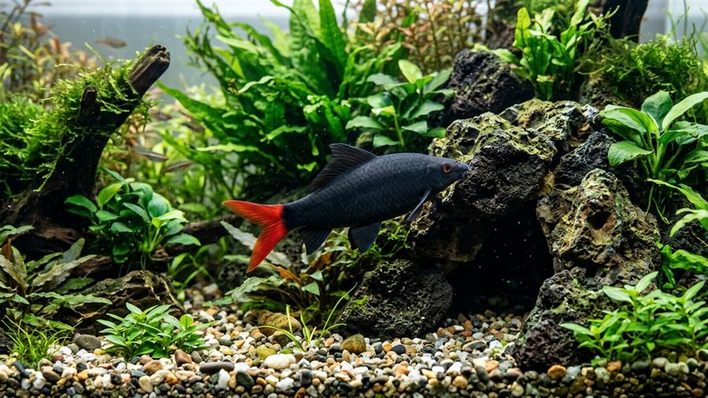 un tiburón cola roja negro junto a una cueva de roca en el fondo de un acuario plantado, marcando su territorio, con grava limpia y agua transparente