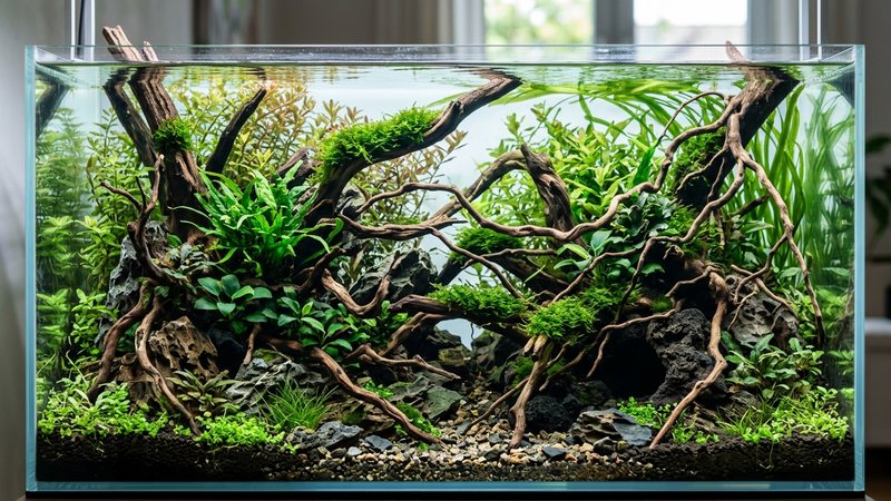 un acuascape de agua dulce con abundantes troncos de madera, raíces y cuevas de roca que crean escondites, plantas verdes sanas y agua cristalina, sin peces