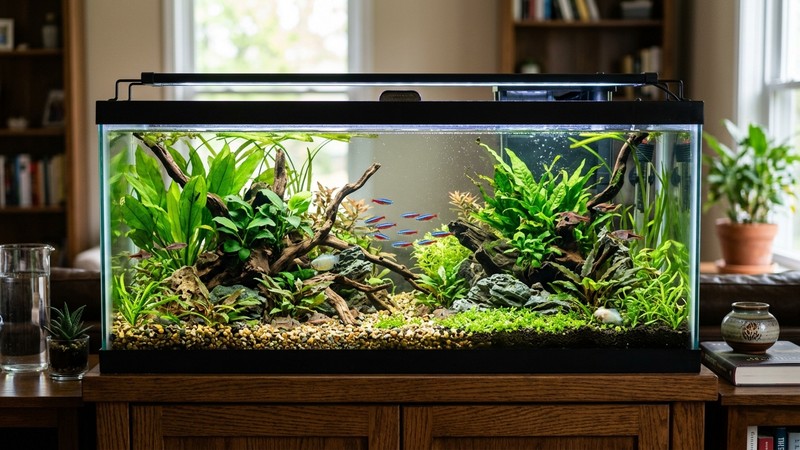 un acuario de agua dulce completo y bien montado con su tapa superior cerrada, iluminado, con plantas sanas y agua limpia, visto desde el frente sobre un mueble ordenado