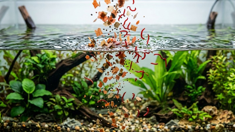 pequeñas escamas y gránulos de comida para peces cayendo sobre la superficie del agua de un acuario limpio, con algún alimento congelado tipo larva roja disperso, sin manos ni utensilios